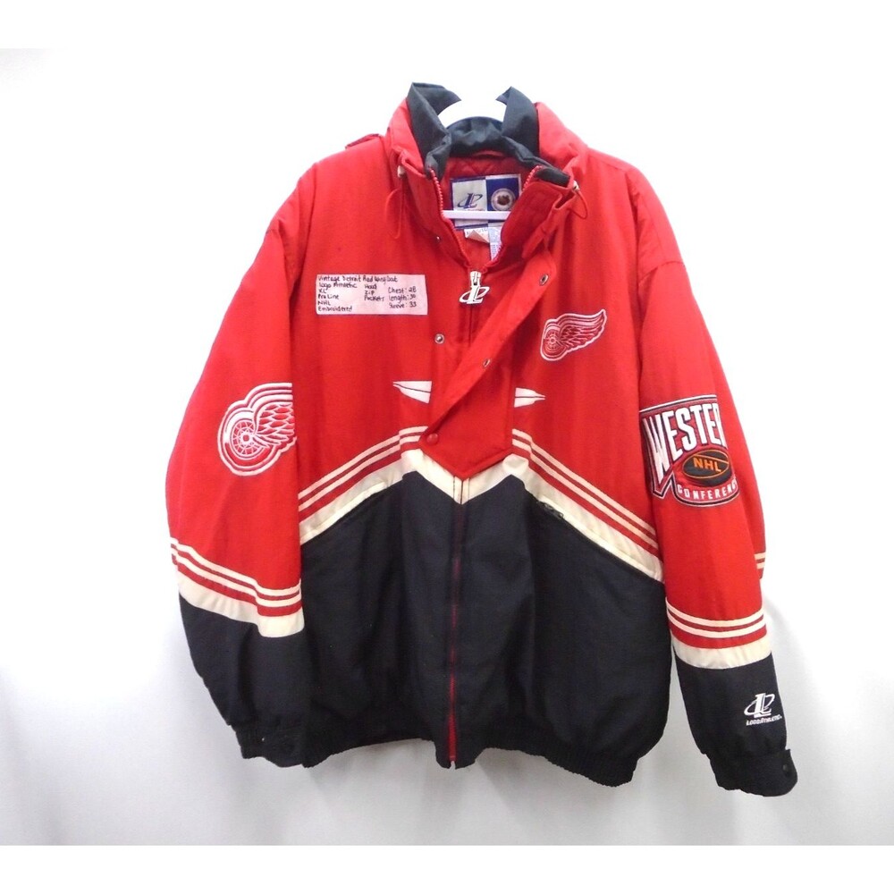 Vintage 90s Detroit Red Wings Logo Athletic Puffer Jacket Pro Line NHL XL Rare